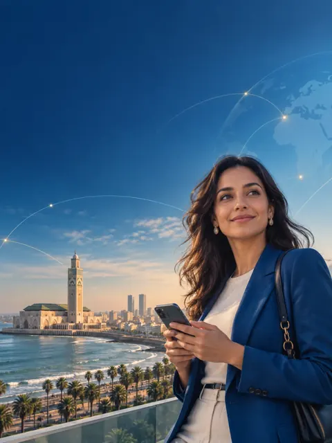 Promotional illustration: a woman with her phone beside the Hassan II Mosque