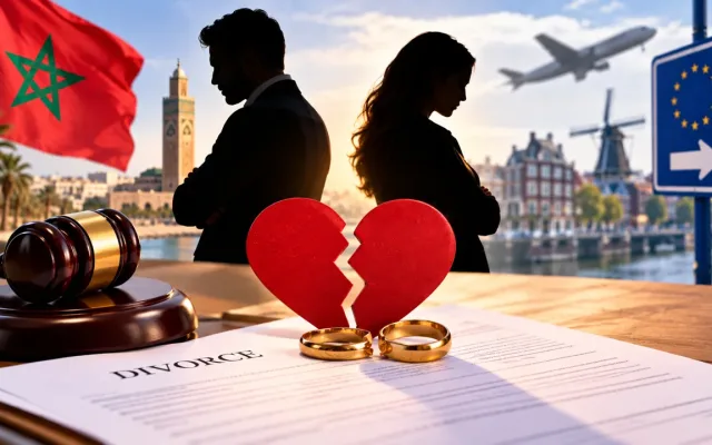 Illustration du divorce entre le Maroc et l’Europe : couple séparé, alliances et marteau de justice
