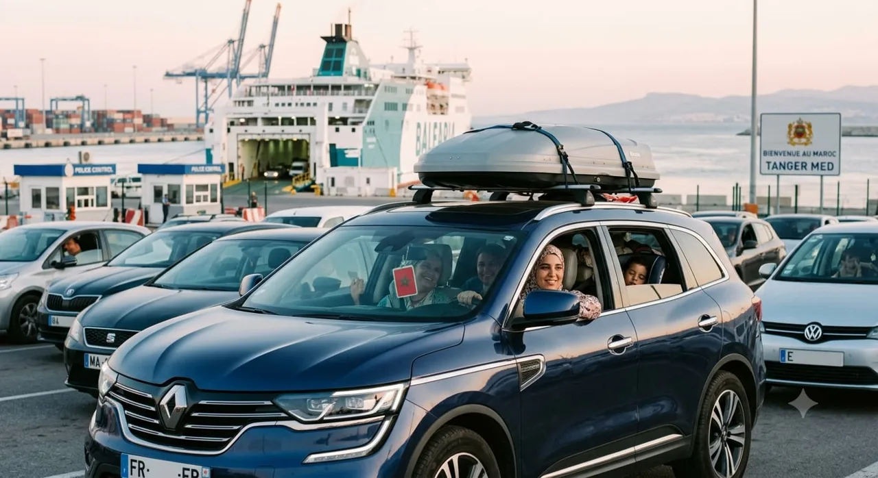 Illustration d’une famille en voiture au port de Tanger Med
