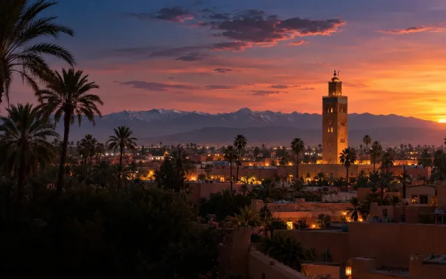 Marrakech rooftops and the Koutoubia at sunset