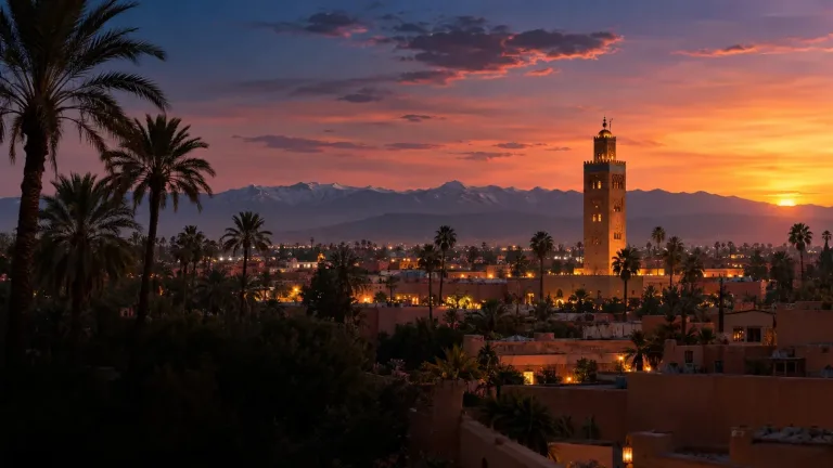 Marrakech rooftops and the Koutoubia at sunset