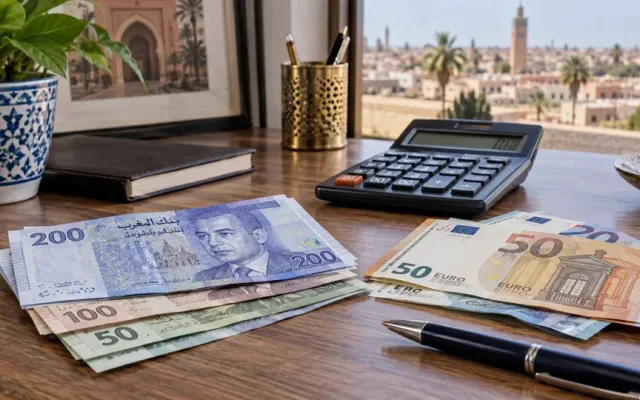 Moroccan dirham and euro banknotes on a desk