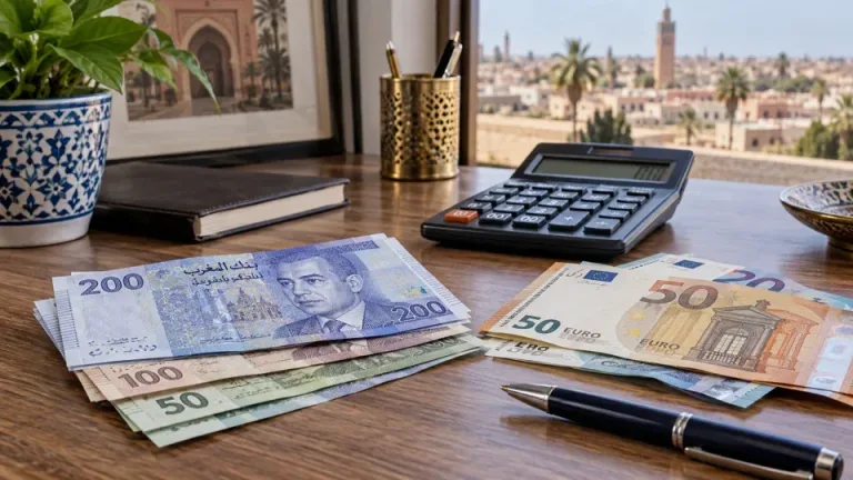 Moroccan dirham and euro banknotes on a desk