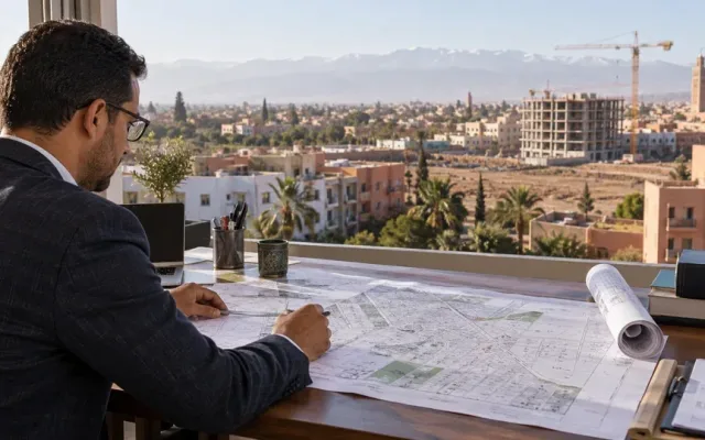 Illustration of a professional studying a cadastral plan beside a construction site