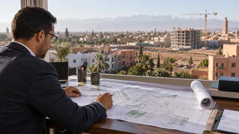 Illustration of a professional studying a cadastral plan beside a construction site